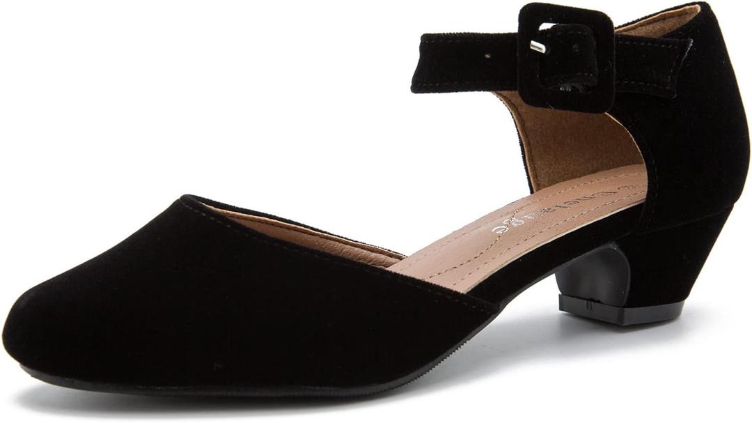 Enelauge Women's Ankle Strap Closed Toe Low Chunky Heel Dress Work Pumps Velvet Black 41-8.5 US