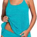 Nicetage Women's Layered Lace Mesh Swimsuit Solid Ruched Bikini Set Tankini Bathing Suit (3X-Large, Blue)