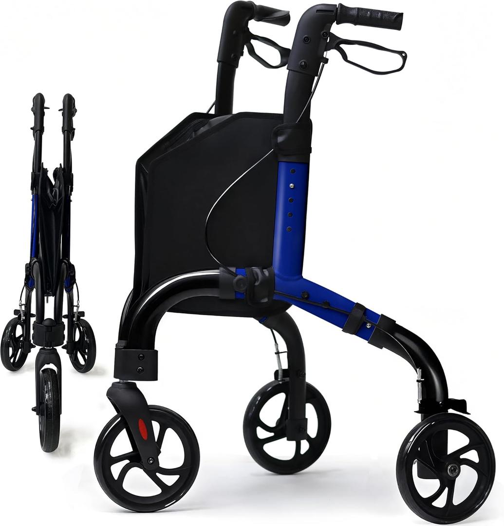 Premium 3 Wheel Rollator Walker for Seniors, Lightweight Foldable Elderly Three Wheeled Rollator with Storage Bag, Aluminum Mobility Aid Rolling Walker (Black & Blue)