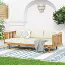 Christopher Knight Home Claremont Outdoor 3 Seater Acacia Wood Daybed with Fabric Water Resistant and Removable Cushions, Patio Garden Poolside Sofa with Slat Paneling Armrest and Back, Teak and Beige