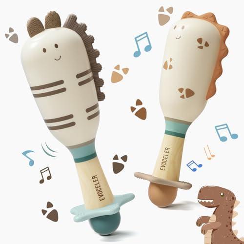 Evoceler Baby Toys, 1 Pac Dinosaur Rattles & Shaker Toys with Teether, Baby Maracas Sensory Toys for 0+M Babies, Soft Silicone BPA Free, Perfect Size for Grasp and Shake, Ideal Baby Boy Girl Toy Gift