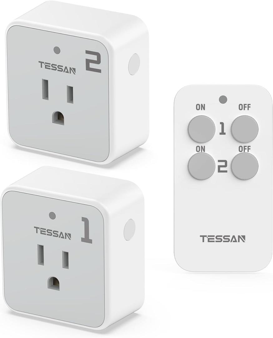 Remote Control Outlet Plug, TESSAN Wireless Light Switch Kit 100ft RF Range, On Off Switch for String Lights, Lamps, Small Appliances, Wireless Power Socket, 15A/1875W (1 Remote and 2 Outlets)