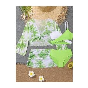 Verdusa Girl's 4 Piece Swimwear Crisscross Bikini Sets with Tropical Print Cover Up Lime Green 9Y