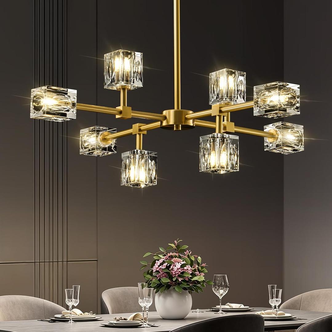 Modern Sputnik Crystal Kitchen Chandelier - Luxury Elegant 8 Light Gold Brushed Brass Chandeliers - Adjustable Height Pendant Lighting Ceiling Fixture for Dining Room Living Room Island Table Bedroom