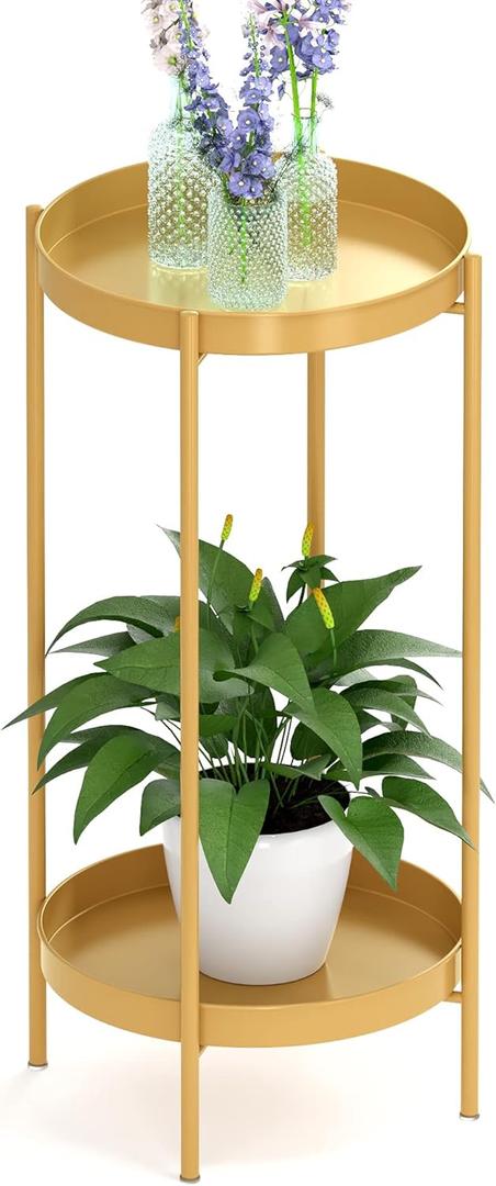 OVICAR Plant Stand Indoor Outdoor - Flower Pot Holder Metal Plant Rack Organizer, 2 Tiers Tall Plant Display Storage Shelf Table For Home Garden Patio Bathroom Office Living Room Balcony Corner (gold)