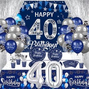 40th Birthday Decorations Kit for Men, 131Pcs Navy Blue Silver Happy 40th Birthday Party Banner and 40 Balloons Napkins Cups Tablecloth Foil Backdrops Supplies for Women 40 Years Old Anniversary Decor