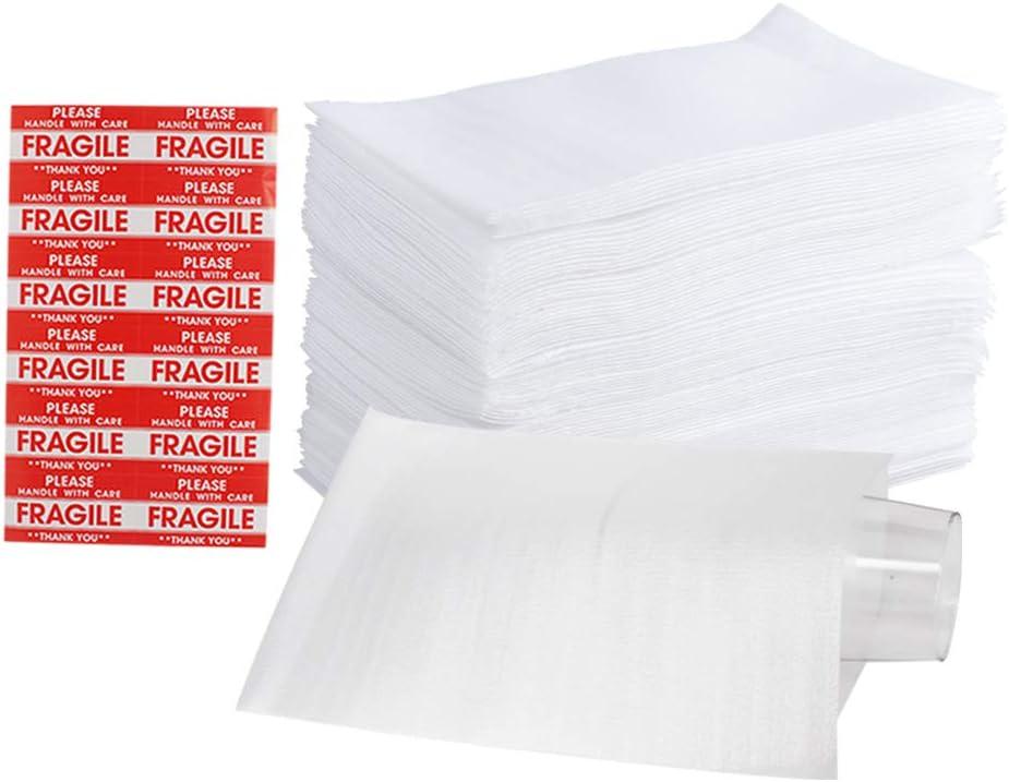 100 Pack 7.5x 12" Foam Wrap Cushion Pouches (0.75mmThickness), Extra 5 Pack Fragile Stickers Labels(60 pcs) - Protect Dishes, Glasses, Porcelain & Fragile Items, for Moving, Packing