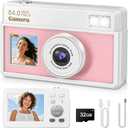 4K UHD Digital Camera, 64MP Autofocus Camera with 32GB SD Card, Mini Vintage Digital Camera with 2.8" Large Screen and 18X Digital Zoom, Cameras for Photography, Suitable for Kids, Adults, Beginners (White and Pink)