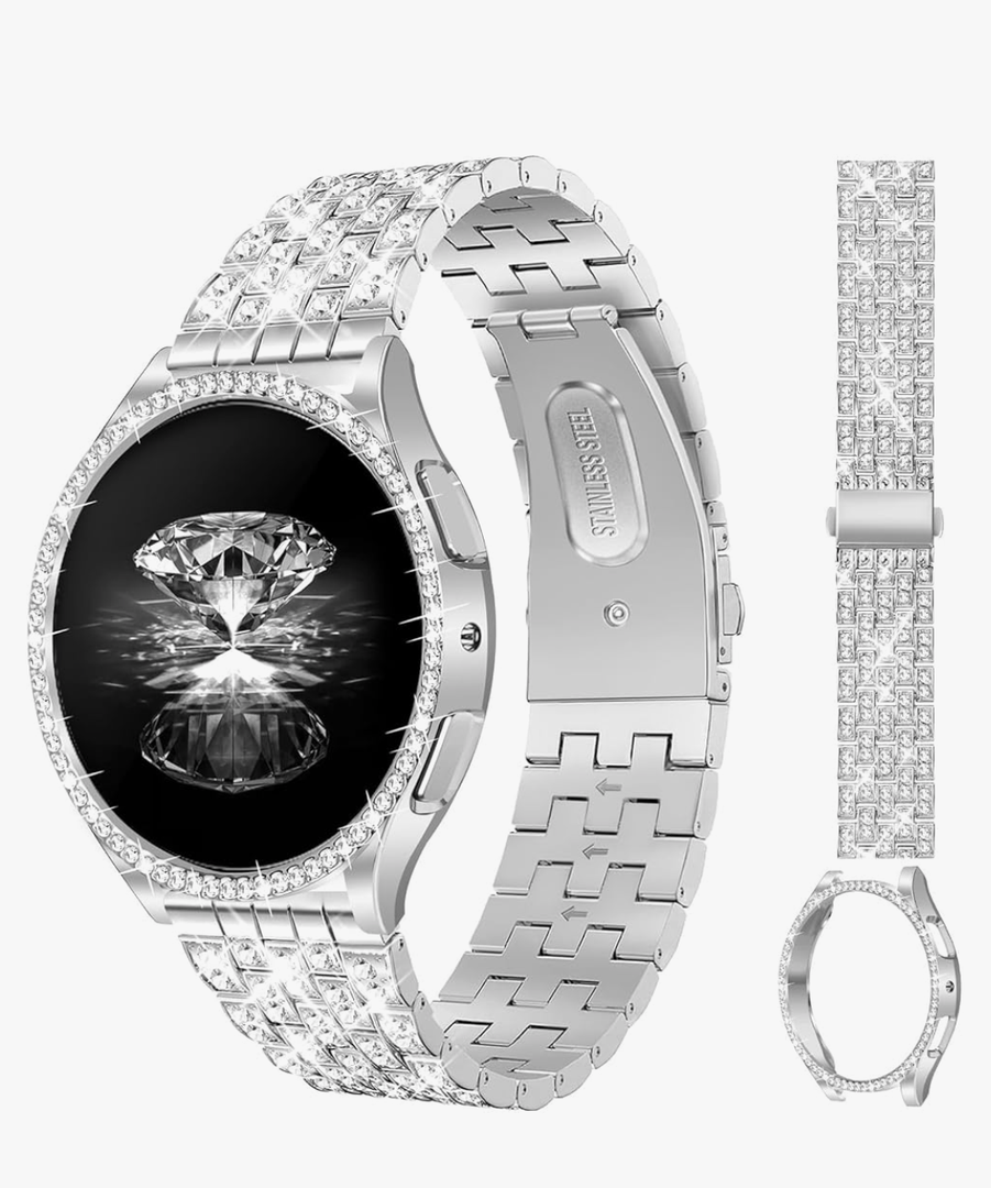 JR.DM Diamond Bands with Bling Case Women ONLY Compatible with Samsung Galaxy Watch 7/6 40mm 44mm, 20mm watch band with Protective Cover Bumper Dressy Elegant Metal Replacement Strap(Silver/40mm)
