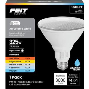 Feit Electric PAR38 LED Reflector Light Bulb, 325W Equivalent, 5 Color Temperatures (Soft to Daylight), Dimmable, 3000 Lumens, Outdoor/Indoor Bulb for Security & Accent Lighting, PAR38325DM5CCT