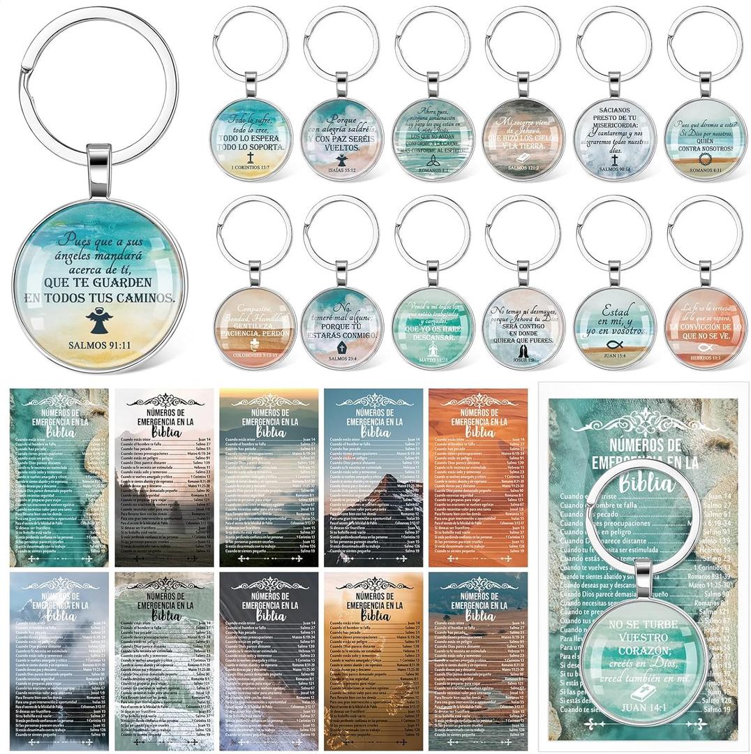 Junkin 25 Set Spanish Easter Christian Gifts Bulk Bible Verse Keychain Religious Bible Emergency Numbers Bookmark Easter Party Favor Women Men Mother's Day Church Gifts(Landscape)