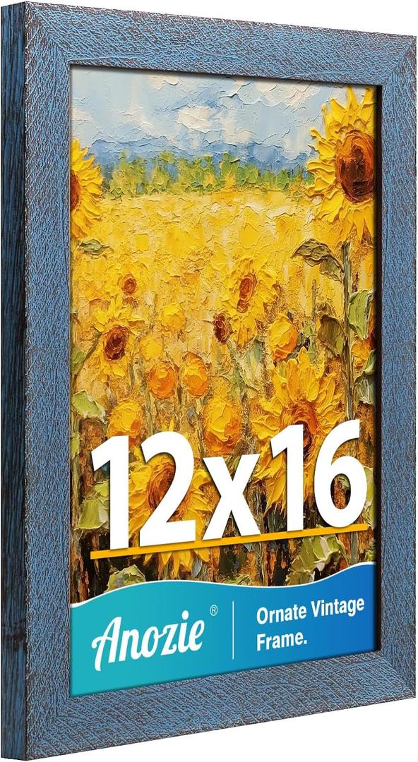 12x16 Frame, Vintage 12x16 Picture Frame Plexiglass Glass for Wall Display, Rustic 12 x 16 Photo Picture Frame Large, Antique Blue Collage Gallery Wall Picture Frames, Widen Border