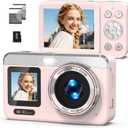 Digital Camera, 5K Vlogging Camera for Photography, 80MP Dual Screen Point and Shoot Digital Camera with Auto Focus, 18X Zoom, Flash, 2 Batteries, 32GB Card for Teens and Adults (Pink)