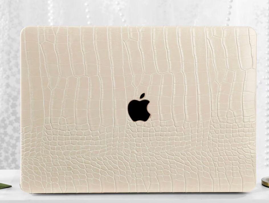Crocodile Print Beige Personalisation Leather MacBook Case, Cover For MacBook M3 Pro 14 M3 Air 13 A3113, A2338, A2337 Pro 15 16 Case