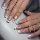 Medium Press on Nails Square Fake Nails White Nails White French Tip False Nails Press ons with Design Glossy Acrylic Full Cover Reusable Stick on Nail for Women Manicure 24Pcs