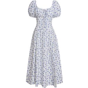 RIHOAS Womens Summer Dresses Square Neck Vintage Short Sleeve Midi Dress Casual Puff A Line Chiffon Sundress (L)