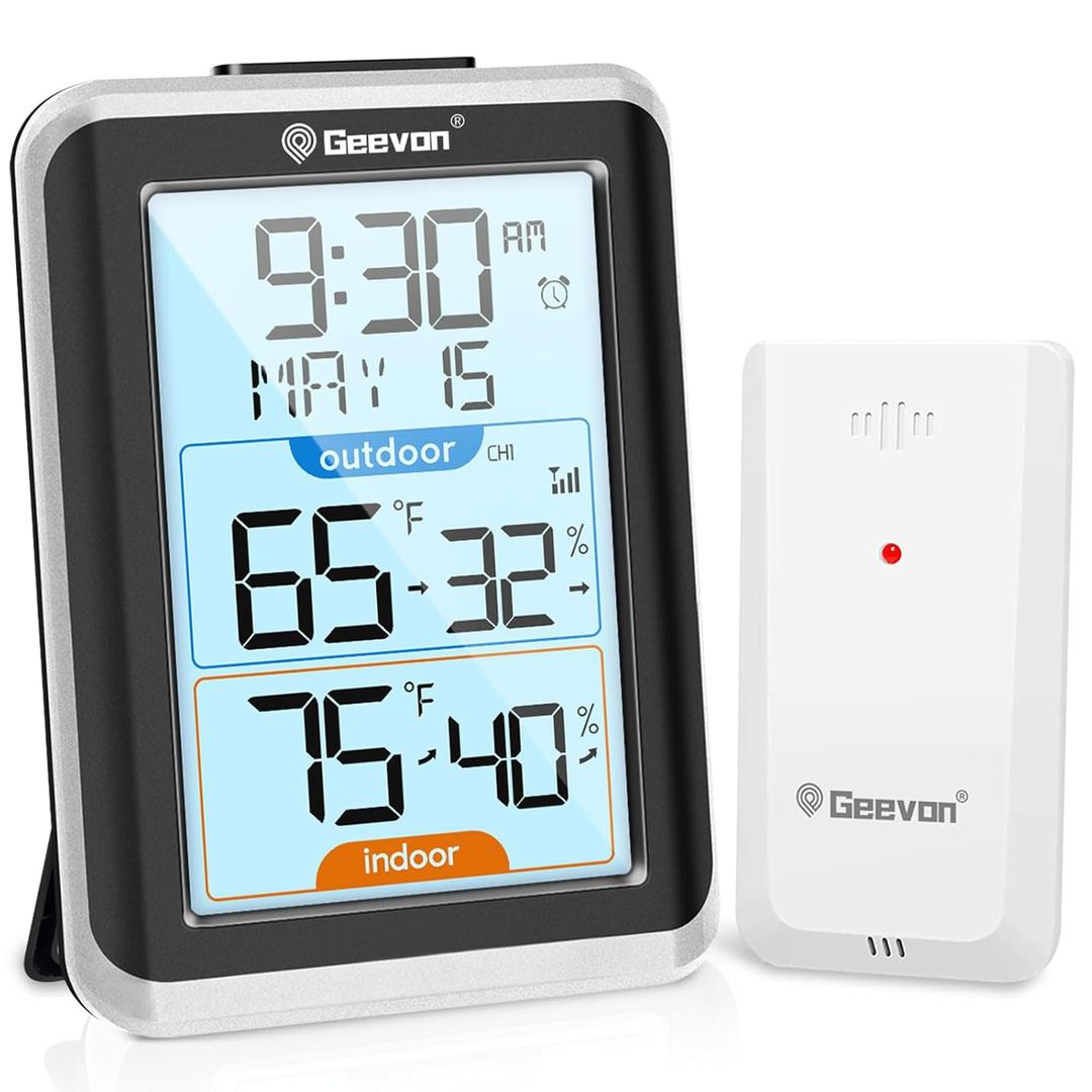 Geevon Wireless Indoor/Outdoor Thermometer & Hygrometer, Digital Temperature & Humidity Sensor with Time, Clock, 200ft/60m Range, 3.8 Large Display