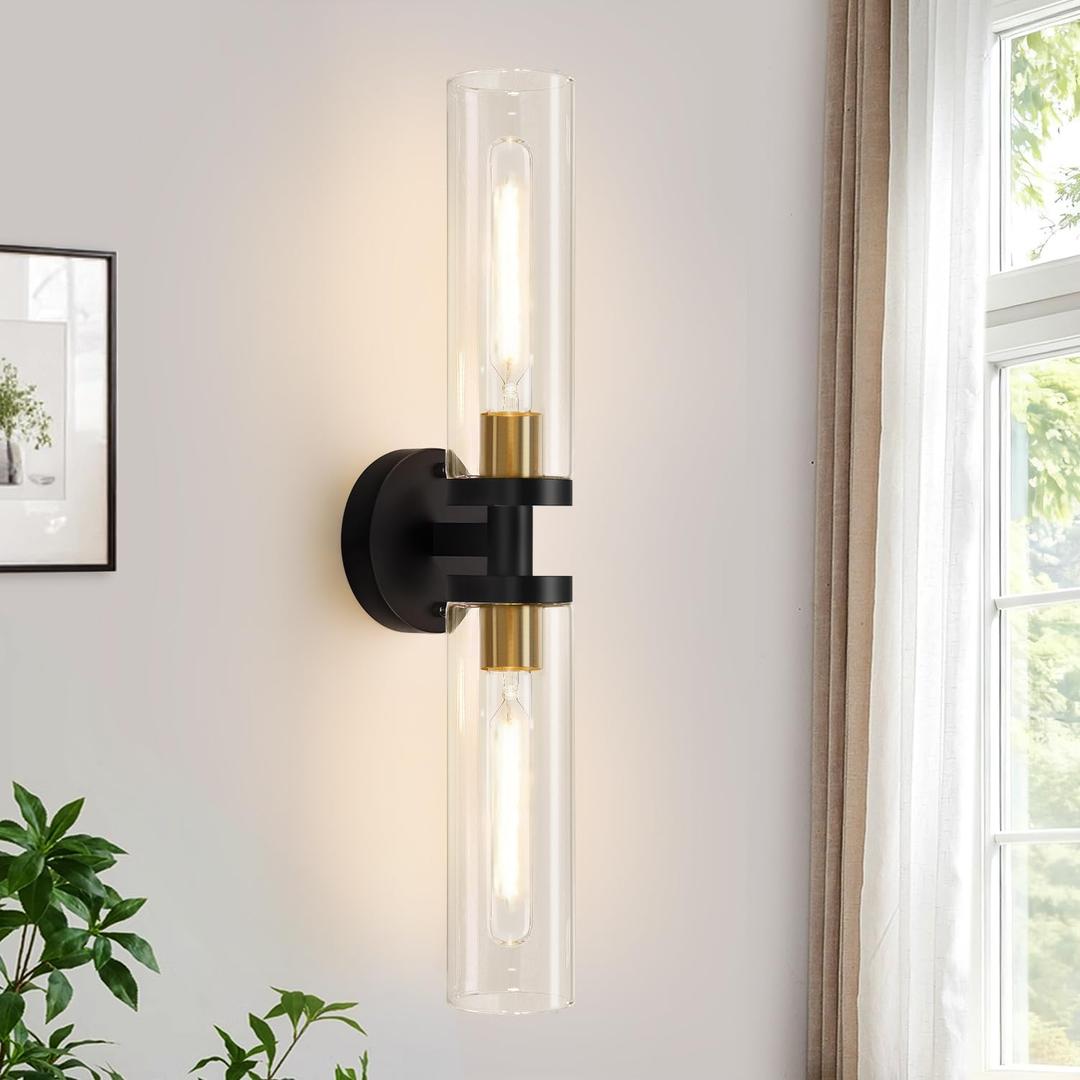 Black and Gold Wall Sconce, Bathroom Sconces Wall Lighting with Clear Glass, Modern Sconces Wall Light fixtures for Bathroom Mirror Living Room Hallway Bedroom (22inch - 1PC)