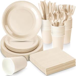 Dandat 350 Pcs Bridal Shower Decorations Baby Shower Party Supplies Include Plates Cups and Napkins Sets with Plastic Forks Knives Spoons for Wedding Birthday (Light Yellow)