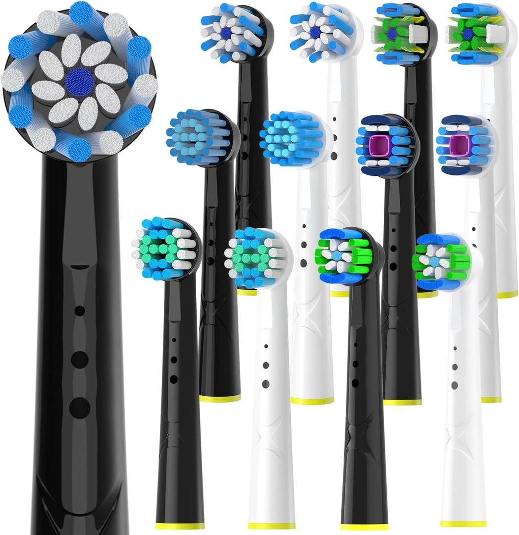Replacement Toothbrush Heads Compatible with Oral B Electric Toothbrush, 6 Models-Black, 6 Models-White,for The Family's Various Oral Health Needs, 12 Count, Medium and Soft Brush