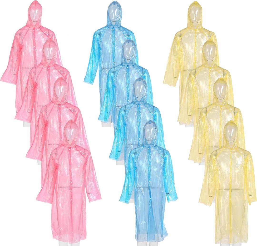 12 Pack Clear Rain Ponchos with Hood for Adults, Family, 3 Colors 51.1 Inches Emergency Raincoats