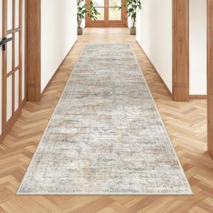 Rug Runners for Hallways Non Slip - 2x8 Runner Rug for Bedroom, Washable Runner with Rubber Backing, Soft Low-Pile Carpet for Kitchen, Laundry, Bathroom (2'x8', Grey/Rust)