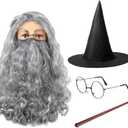 Geyoga Magic Wizard 4 Pieces Costume Set for Halloween Christmas, Included Wizard Hat Long Gray Wig and Beard Wand Glasses Frame for Adults Cosplay Party Accessory