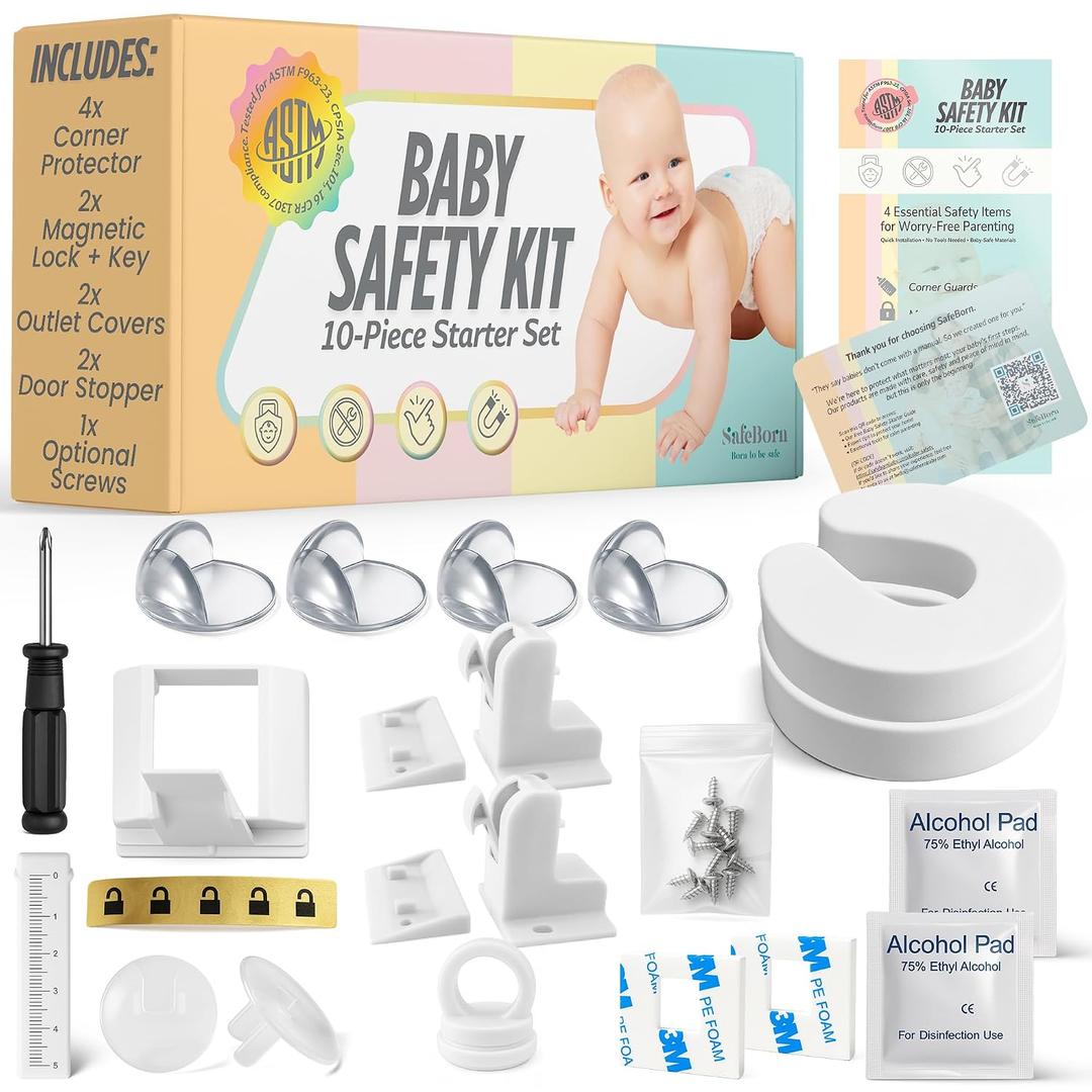 SafeBorn Baby Safety Kit Baby Proof Cabinet Locks, Magnetic Cabinet Locks, Child Safety Outlet Covers, Table Corner Covers Baby Safety Drawer Locks Baby Proofing Gifts for New Mom