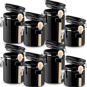 8 Pack Ceramic Kitchen Canisters Set with Wooden Spoon Black Canister Sets for Kitchen Counter Airtight Food Storage Container for Coffee Tea Sugar Flour Snacks Farmhouse Kitchen Decorative
