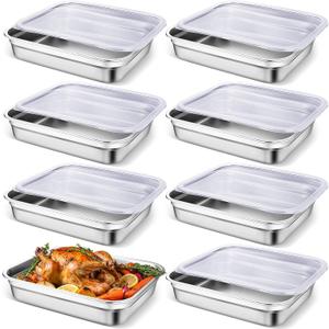8 Pcs 304 Stainless Steel Food Storage Containers with Lids Hotel Pans Chicken Food Grade Pans Metal Meal Containers for Restaurant Stackable Kitchen Freezer Buffet (2.6 Inch Deep)