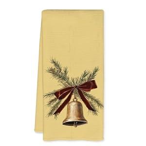 JFFTLL Vintage Christmas Kitchen Towels, Christmas Neutral Dish Tea Towels for Kitchen Decor, Ribbon Bow Bell Xmas Decorative Hand Towel for Bathroom, 16x24 Inch (Yellow）