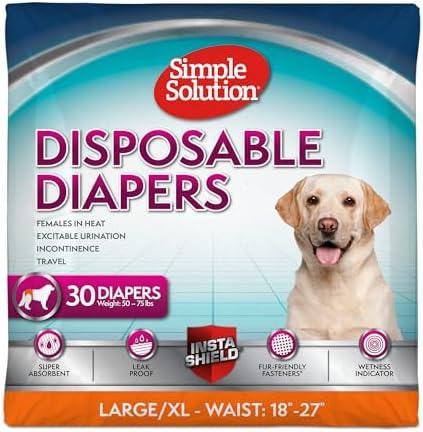 Simple Solution Disposable Dog Diapers, Female Dog Diapers, Puppy Potty Training, Incontinence and Heat Cycle Protection, Large Diapers for Dogs, 18"-27" Waist, 30 Count
