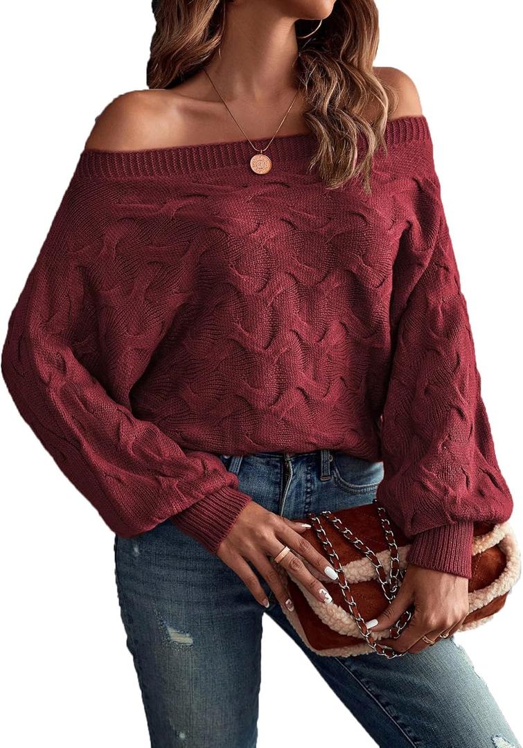 Verdusa Women's Off The Shoulder Knit Sweater Tops Long Sleeve Pullover Sweaters Spring Brunch Outfits (Medium, Burgundy)