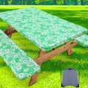 Picnic Table Cover with Bench Cover, Waterproof Elastic Fitted Tablecloth for 8 Foot Tables, Rectangle Washable Polyester Tablecloths for Picnic, Camping, Outdoor (Green Daisy, 30" x 96")