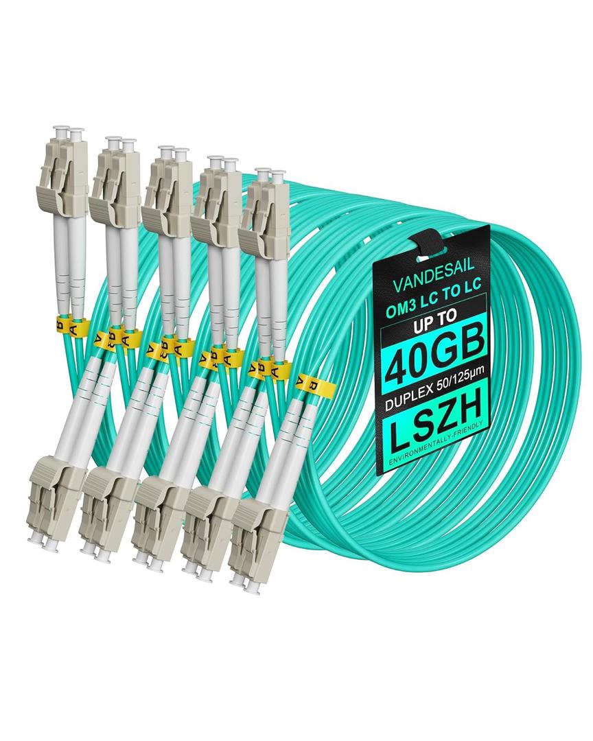 Fiber Patch Cable, 10G Gigabit Fiber Optic Cables with LC to LC Multimode OM3 Duplex 50/125 OFNP (5M, OM3-5Pack) (Aqua LSZH)