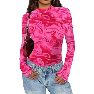 Poetsky Womens Mesh Long Sleeve Tops Floral Mock Turtleneck Sexy Sheer Double Lined Going Out Shirts with Thumb Hole
 (Medium)