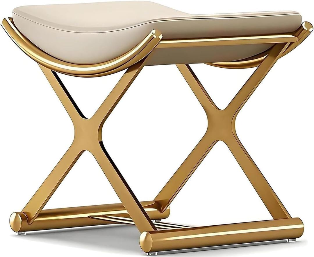 CHSSIH Vanity Stool Chair for Makeup - Small Backless Leather Stool for Vanity - Modern Ottoman Bench Seat with Metal X Legs, Footstool for Bathroom & Living Room - Gold