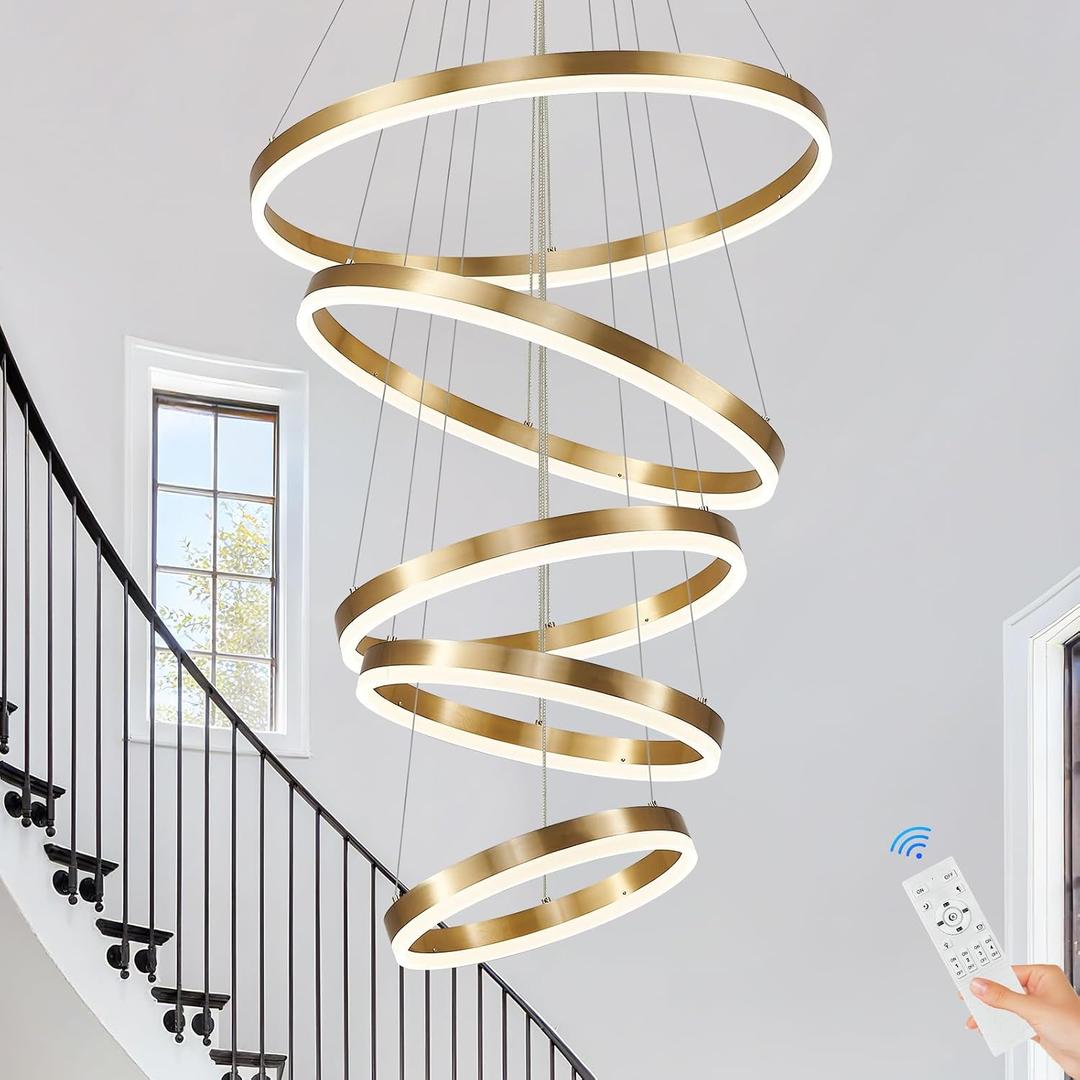 Modern LED Chandelier for Foyer Dimmable Gold High Ceiling Chandeliers Foyer with Remote Control for Entryway Dining Room Living Room Staircase, 3000K-6500K(5-Rings D23.6in)