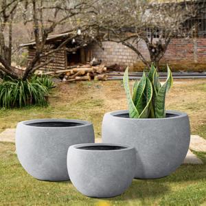 Kante ,15.7",11.8" Dia Round Concrete Planter Set of 2, Outdoor/Indoor Large Bowl Plant Pots with Drainage Hole and Rubber Plug for Garden Patio Balcony Home, Natural Concrete