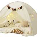 Twin Bed Tent for Kids, Girls Bed Tent Canopy Sleeping Tent Privacy Space Dream Playhouse with Stars Light & Flags, Toddler Indoor Floor Play Tent for Boys & Girls, Birthday Childrens Gift, Beige