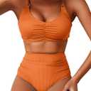 Herseas Women's Loop Straps Bikini Sets 2 Piece Shine Ribbed Swimsuits Ruched High Waisted Bathing Suits (Orange, Small)