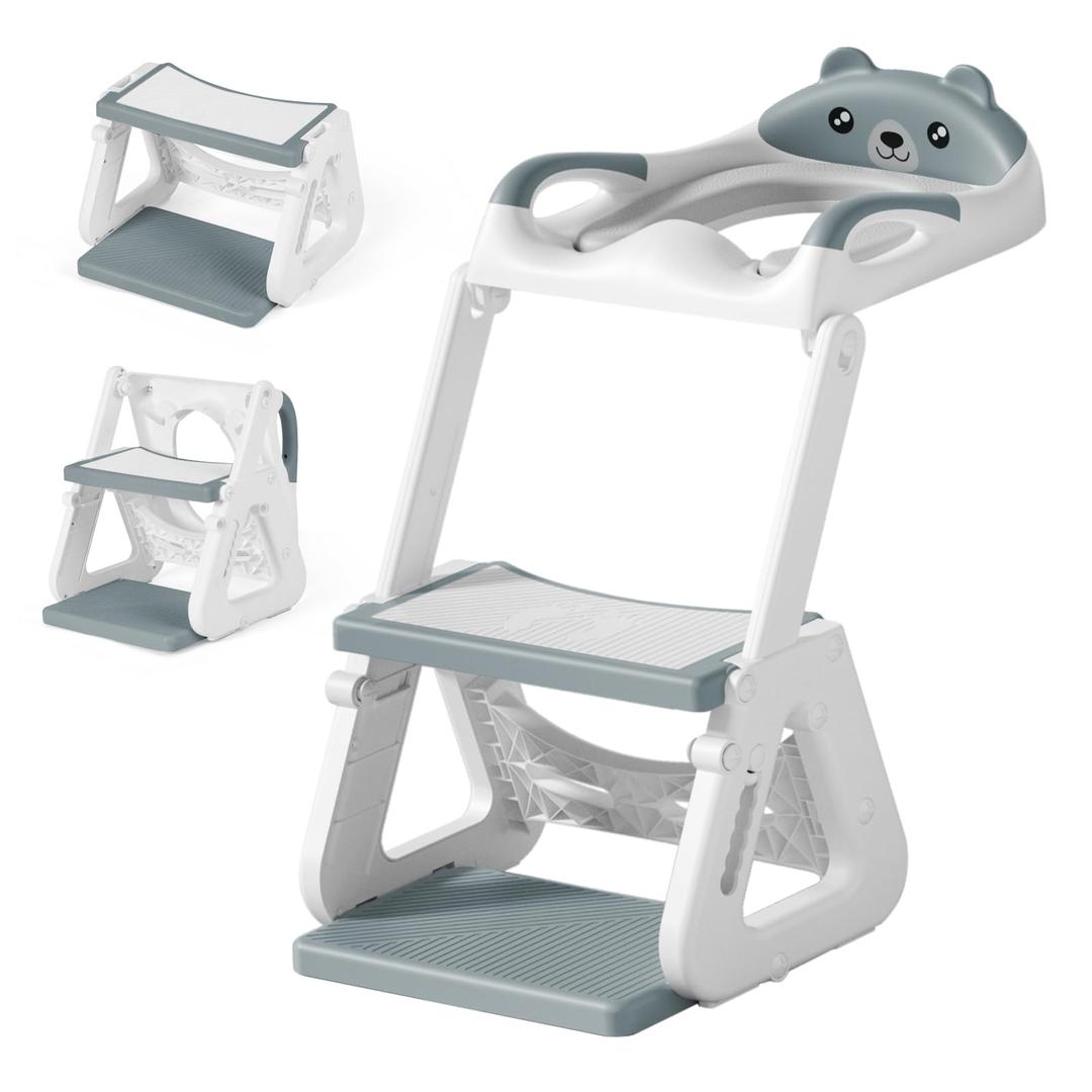 Thinkmax Training Seat Potty Step Stool 3-in-1 Foldable with Steps 7-Level Height Adjustment Toilet Trainer Anti-Slip Toilet Training Child Use Compatible with Arauno (Gray)