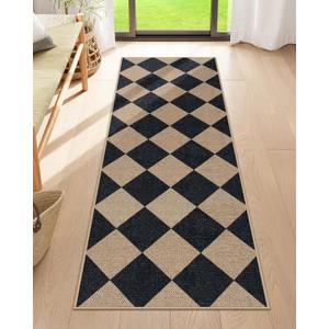 Lahome - Tapete largo de yute sinttico lavable con diseo a cuadros negros, tapete para interiores, exteriores, cocina, entrada, pasillo y lavandera, 2x6 pies