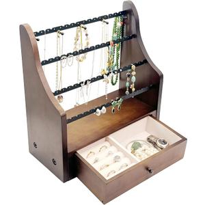 Earring Organizer Stand with Drawer & Necklace Holder - 4-Tier Solid Wood Jewelry Display, 64 Holes, 63 Grooves + Ring & Bracelet Space,Anti-Wobble for Vanity Dresser,Women Gift (Chocolate Brown)