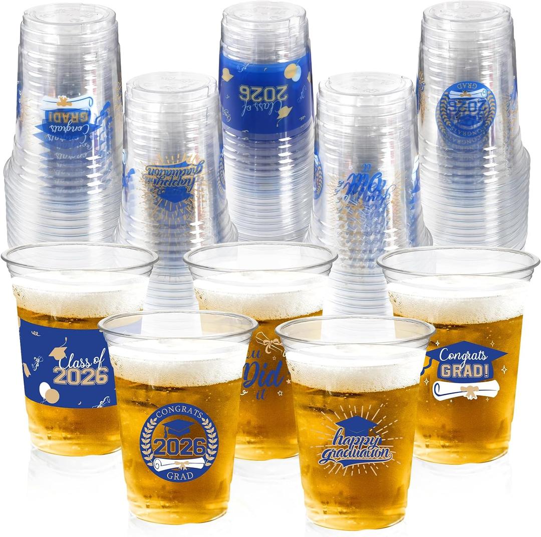 100 Pack Graduation Decorations Class of 2026, 16 Oz Blue and Gold Graduation Clear Plastic Cups Disposable Party Cups for Drinks 2026 School Grad Party Favors Supplies