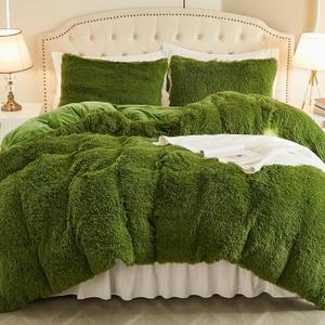 EMME Luxury Green Fuzzy Duvet Cover Set Queen Size 3 Pieces Fluffy Comforter Cover Set for Queen Bed Shaggy and Plush Soft Bedding Duvet Covers (Green, Queen)