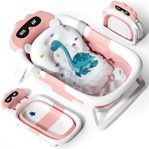 AVIDOR Baby Bathtub,Collapsible Bathtub for Newborn to Toddler,Durable Essential Infant Bath Tub,Portable Travel Baby Tub with Soft Bath Net,No-Slip Feet and Dinosaur Shaped (Pink)
