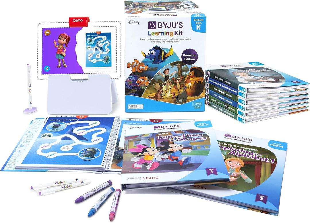 BYJUS Learning Kit: Disney, Pre-K Premium Edition (App + 9 Workbooks) - Preschool, Ages 3-5, Featuring Disney & Pixar Characters- Learn Numbers, Letters, Shapes & Colors- Osmo Fire base included