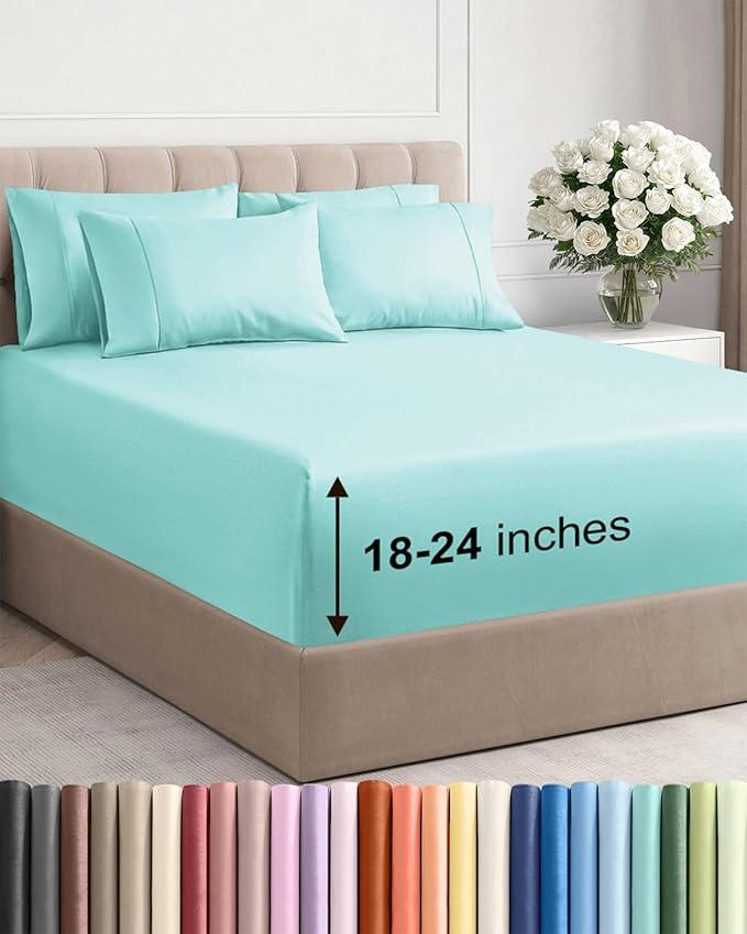 Extra Deep King Sheet Set - 6 Piece Breathable and Cooling Sheets - Hotel Luxury Bedding for Women, Men, Kids & Teens - Easy & Secure Fit - Soft, Wrinkle Free and Comfy - Extra Deep Pockets - Spa Blue