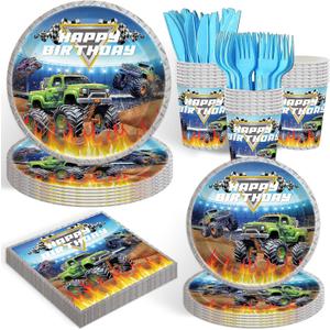 120PCS Monster truck Party Supplies boys kids Themd Party Decorations for birthday Tableware Set Plates Napkin Cups Set for 20 Guests